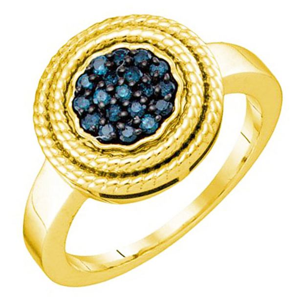 0.25 Carat (ctw) 18k Yellow Gold Plated Sterling Silver Round Blue Diamond Ladies Cluster Ring