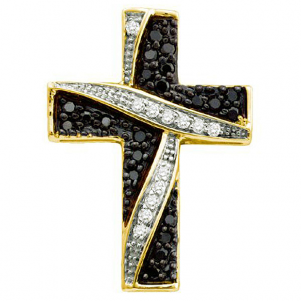 0.24 Carat (ctw) 10k Yellow Gold Black & White Diamond Ladies Cross Pendant