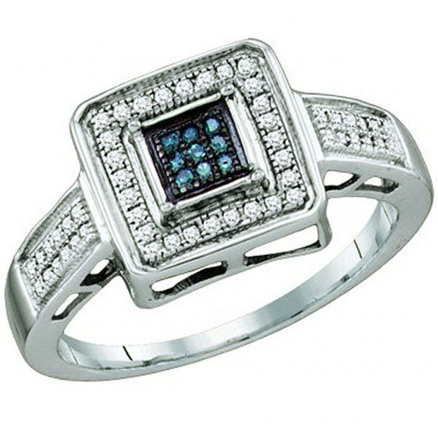 0.19 Carat (ctw) 10k White Gold Blue & White Diamond Ladies Bridal Engagement Ring