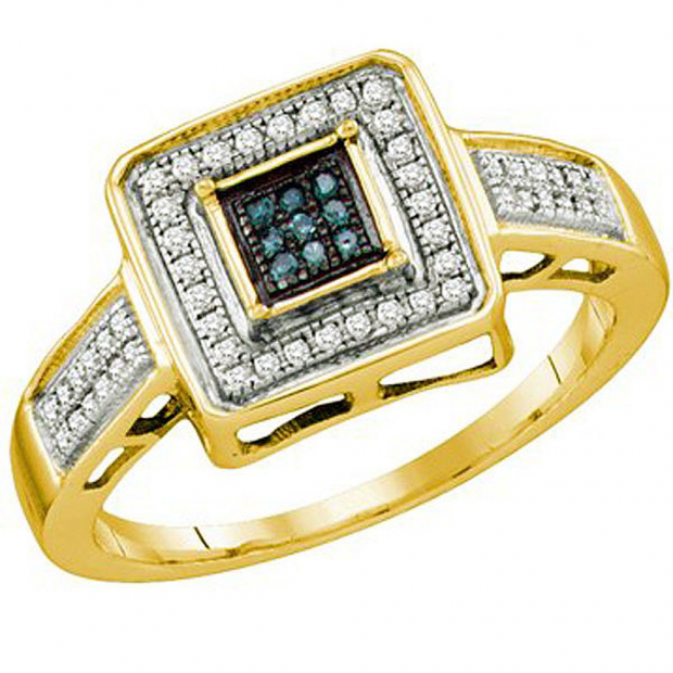 0.19 Carat (ctw) 10k Yellow Gold Blue & White Diamond Ladies Bridal Engagement Ring