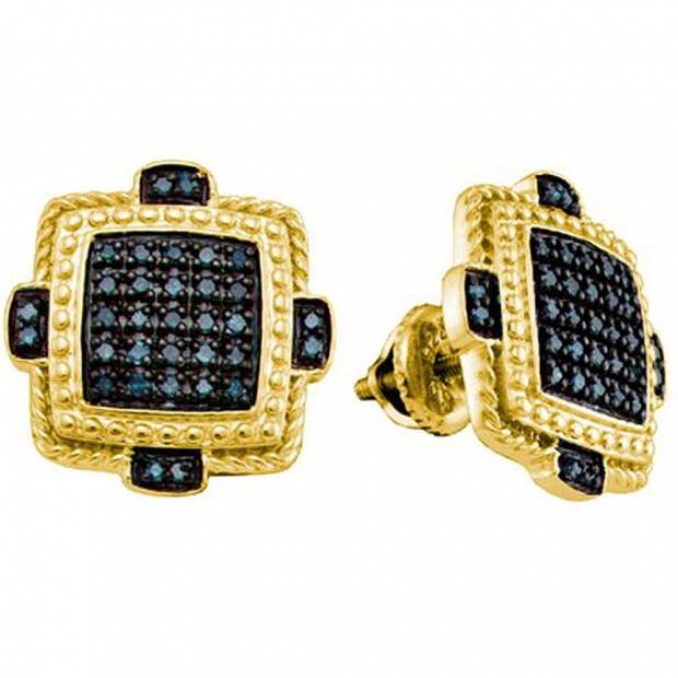 0.40 Carat (ctw) 18k Yellow Gold Plated Sterling Silver Blue Diamond Ladies Micro Pave Earrings