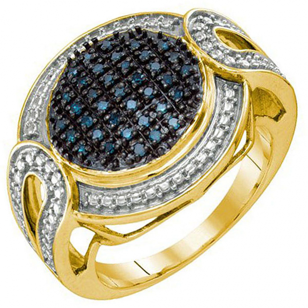 0.24 Carat (ctw) 18k Yellow Gold Plated Sterling Silver Blue Diamond Ladies Micro Pave Right Hand Ring