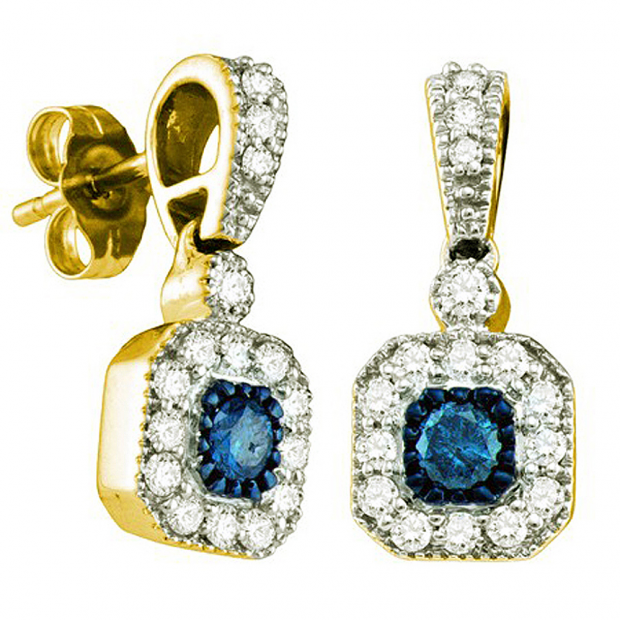 0.66 Carat (ctw) 10k Yellow Gold Round Blue & White Diamond Ladies Drop Fashion Earrings