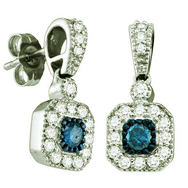 0.66 Carat (ctw) 10k White Gold Round Blue & White Diamond Ladies Drop Earrings