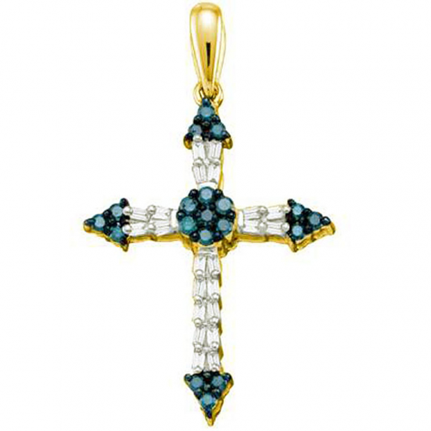 0.53 Carat (ctw) 10k Yellow Gold Round Blue Diamond Ladies Cross Pendant