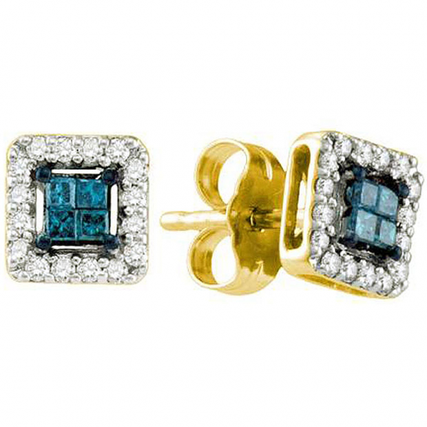 0.26 Carat (ctw) 10k Yellow Gold Blue & White Diamond Ladies Invisible Set Stud Earrings