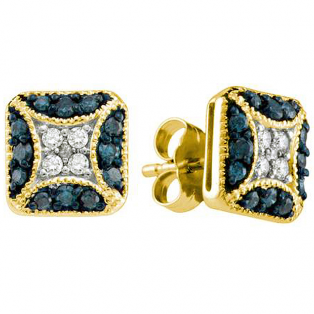 0.50 Carat (ctw) 10k Yellow Gold Round Blue & White Diamond Ladies Fine Earrings