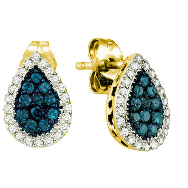 0.53 Carat (ctw) 10k Yellow Gold Round Blue & White Diamond Ladies Stud Earrings