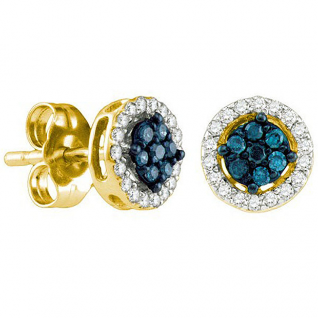 0.25 Carat (ctw) 10k Yellow Gold Blue & White Diamond Ladies Cluster Earrings