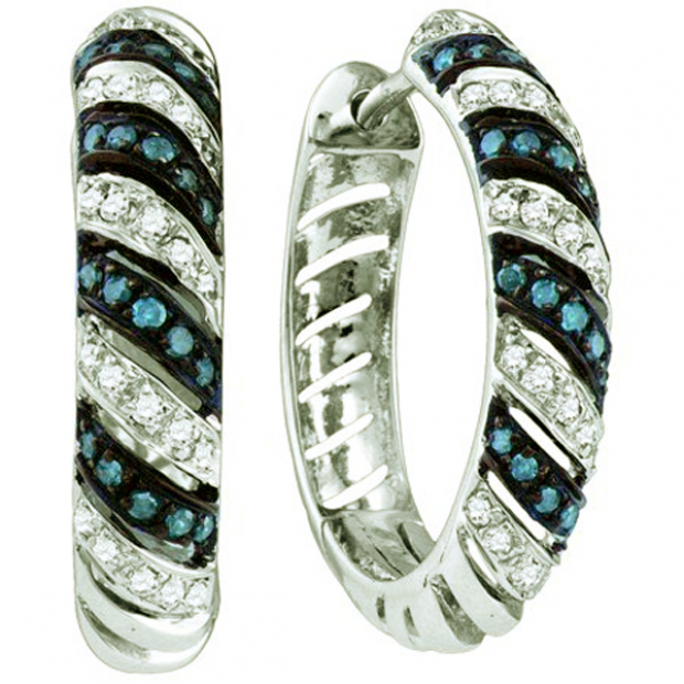 0.50 Carat (ctw) 10k White Gold Round Blue & White Diamond Ladies Hoops Earrings