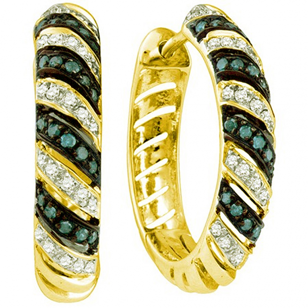 0.50 Carat (ctw) 10k Yellow Gold Round Blue & White Diamond Ladies Hoops Earrings