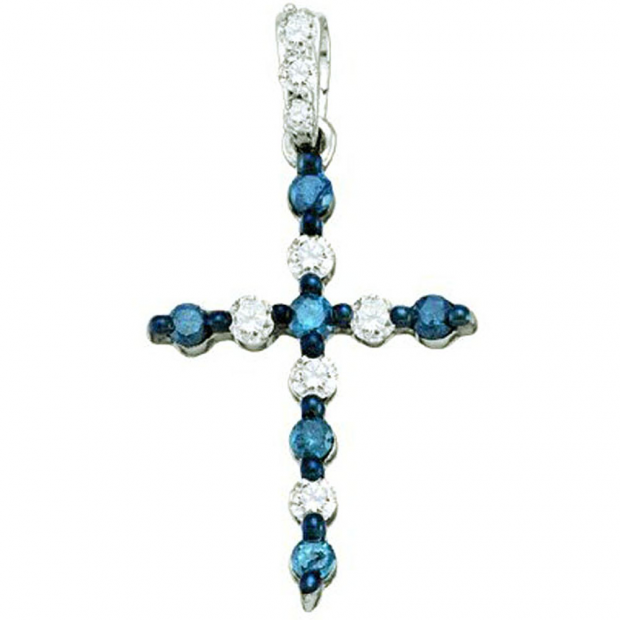 0.25 Carat (ctw) 10k White Gold Blue & White Diamond Ladies Cross Pendant