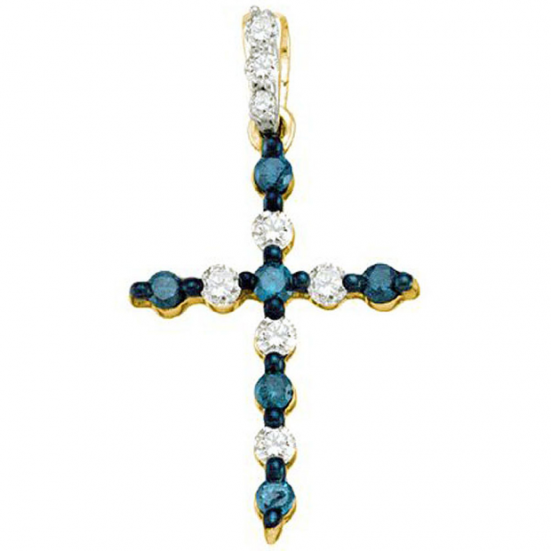 0.25 Carat (ctw) 10k Yellow Gold Blue & White Diamond Ladies Cross Pendant