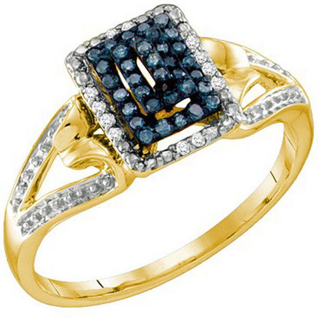 0.16 Carat (ctw) 10k Yellow Gold Blue & White Diamond Ladies Cocktail Right Hand Ring
