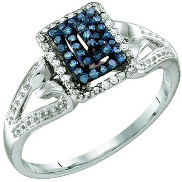 0.16 Carat (ctw) 10k White Gold Blue & White Diamond Ladies Cocktail Right Hand Ring