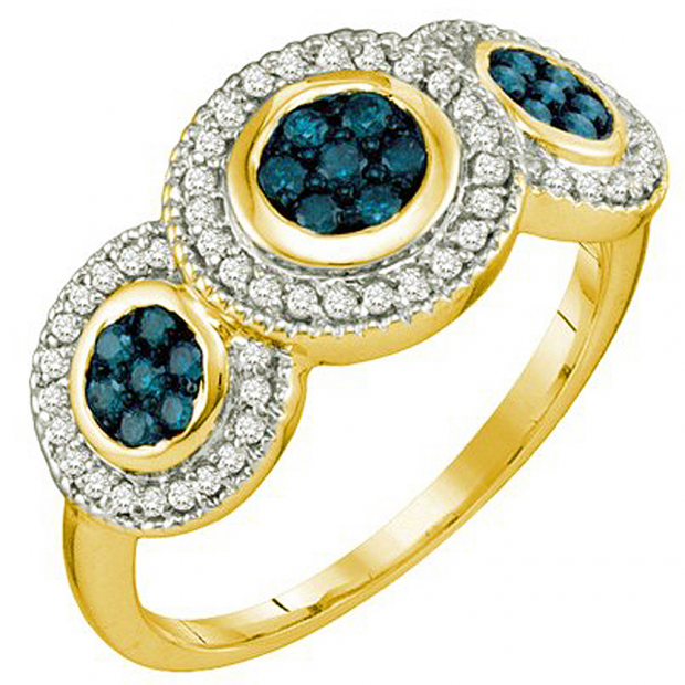 0.51 Carat (ctw) 10k Yellow Gold Round Blue & White Diamond Ladies Cocktail Right Hand Ring