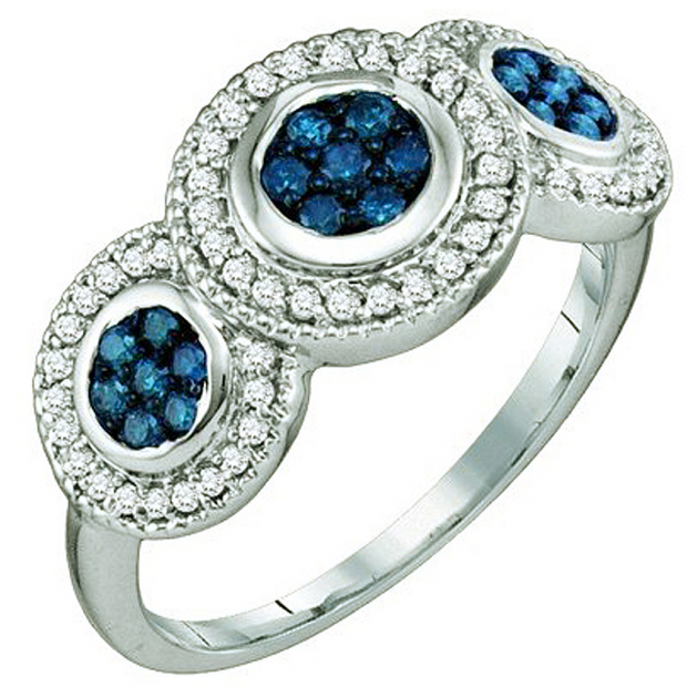0.51 Carat (ctw) 10k White Gold Round Blue & White Diamond Ladies Cocktail Right Hand Ring