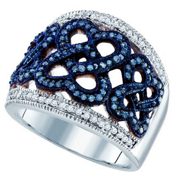 0.51 Carat (ctw) 10k White Gold Round Blue & White Diamond Ladies Right Hand Fashion Ring