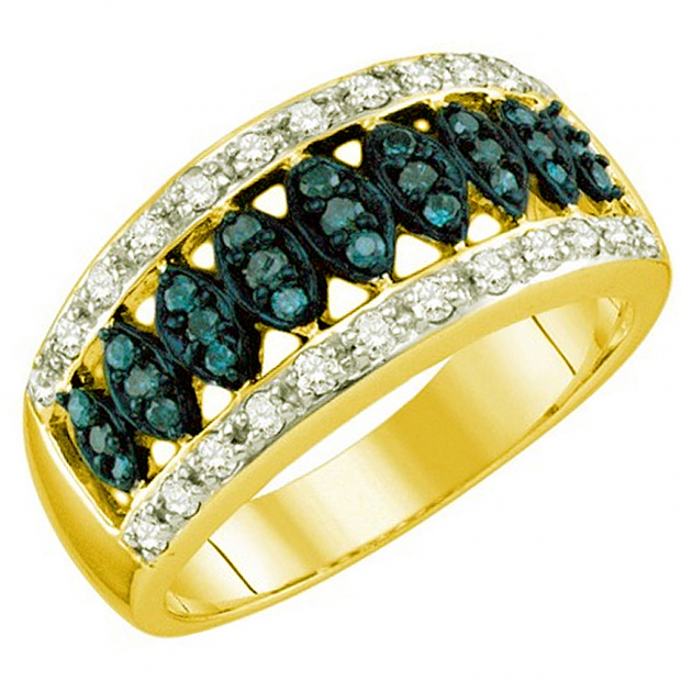 0.51 Carat (ctw) 10k Yellow Gold Round Blue & White Diamond Ladies Right Hand Fashion Band