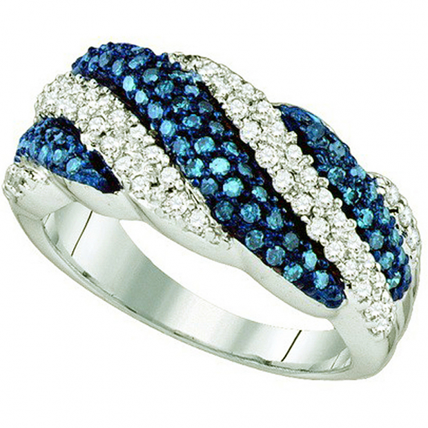 0.85 Carat (ctw) 10k White Gold Round Blue & White Diamond Ladies Right Hand Ring