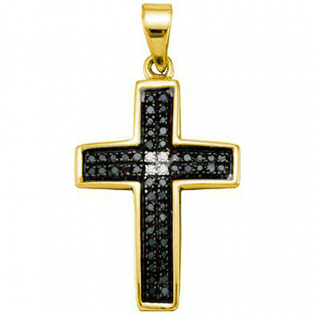 0.15 Carat (ctw) 18k Yellow Gold Plated Sterling Silver Black & White Diamond Ladies Cross Charm Pendant
