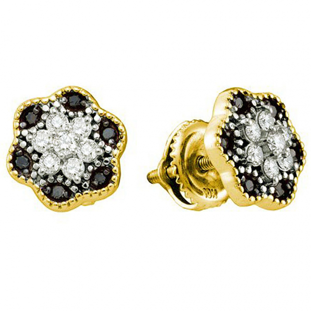 0.29 Carat (ctw) 10k Yellow Gold Black & White Diamond Ladies Cluster Fine Earrings