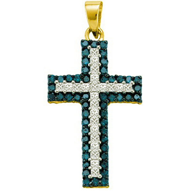 1.15 Carat (ctw) 10k Yellow Gold Round Blue & White Diamond Ladies Micro Pave Cross Pendant