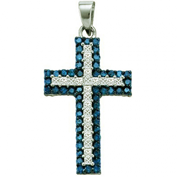 1.15 Carat (ctw) 10k White Gold Round Blue & White Diamond Ladies Micro Pave Cross Pendant