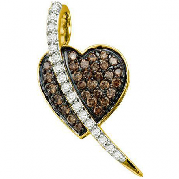 0.53 Carat (ctw) 10k Yellow Gold Brown & White Diamond Ladies Micro Pave Heart Pendant