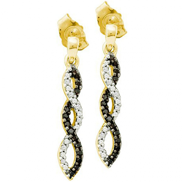 0.15 Carat (ctw) 14k Yellow Gold Black & White Diamond Ladies Infinity Swirl Dangling Earrings