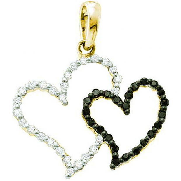 0.17 Carat (ctw) 14K Yellow Gold Black & White Diamond Ladies Double Heart Pendant