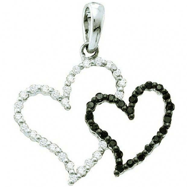 0.17 Carat (ctw) 14K White Gold Black & White Diamond Ladies Double Heart Pendant