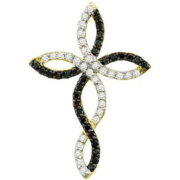 0.32 Carat (ctw) 14k Yellow Gold Black & White Diamond Ladies Cross Pendant