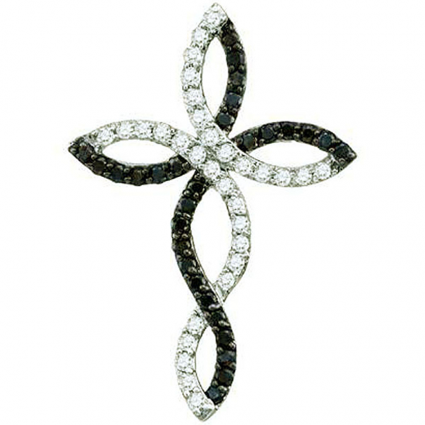 0.32 Carat (ctw) 14k White Gold Black & White Diamond Ladies Cross Pendant