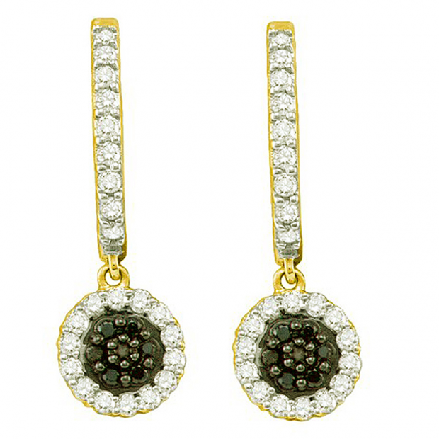 0.49 Carat (ctw) 14k Yellow Gold Round Black & White Diamond Ladies Dangling Drop Earrings