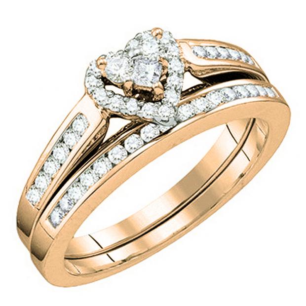 0.55 Carat (ctw) 10k Rose Gold Round White Diamond Ladies Bridal Heart Shape Engagement Ring Set