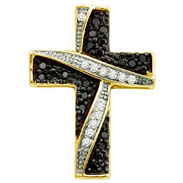 0.24 Carat (ctw) 14k Yellow Gold Black & White Diamond Ladies Cross Pendant