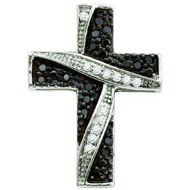 0.24 Carat (ctw) 14k White Gold Black & White Diamond Ladies Cross Pendant