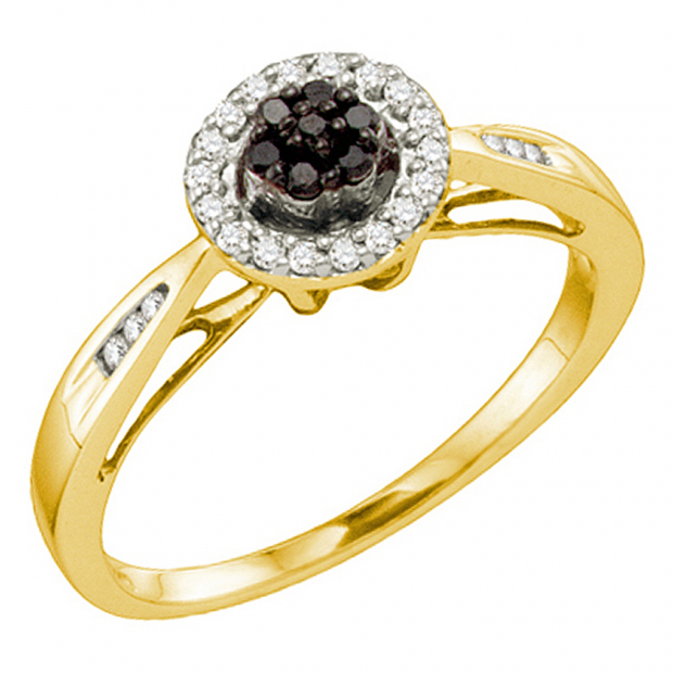 0.20 Carat (ctw) 14k Yellow Gold Round Black & White Diamond Ladies Engagement Flower Ring