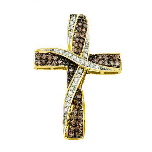0.57 Carat (ctw) 14k Yellow Gold Round Brown & White Diamond Ladies Cross Pendant