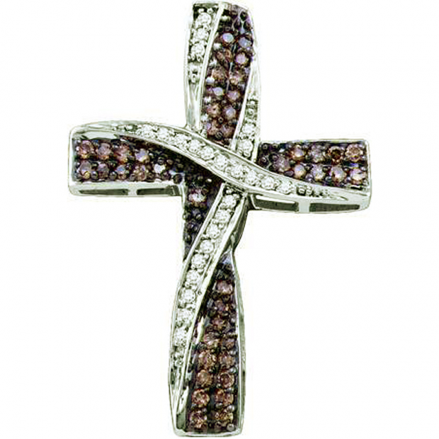 0.57 Carat (ctw) 14k White Gold Round Brown & White Diamond Ladies Cross Pendant