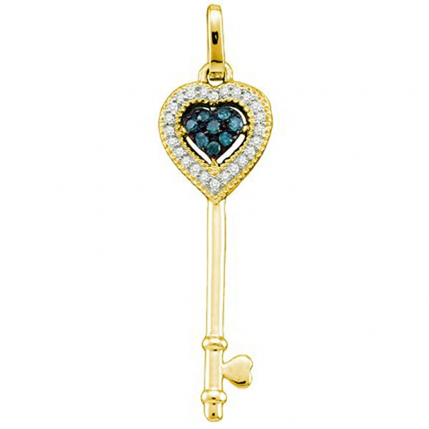 0.10 Carat (ctw) 14k Yellow Gold Blue & White Diamond Ladies Heart Key Pendant