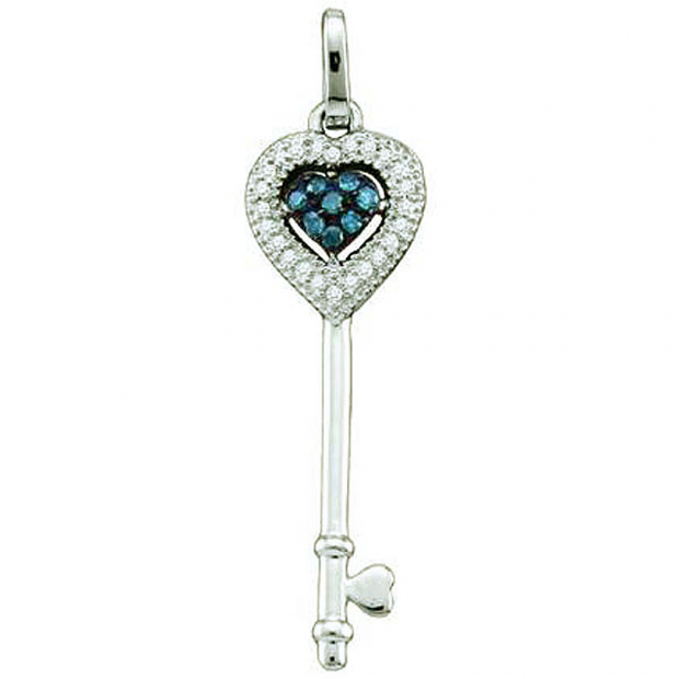 0.10 Carat (ctw) 14k White Gold Blue & White Diamond Ladies Heart Key Pendant