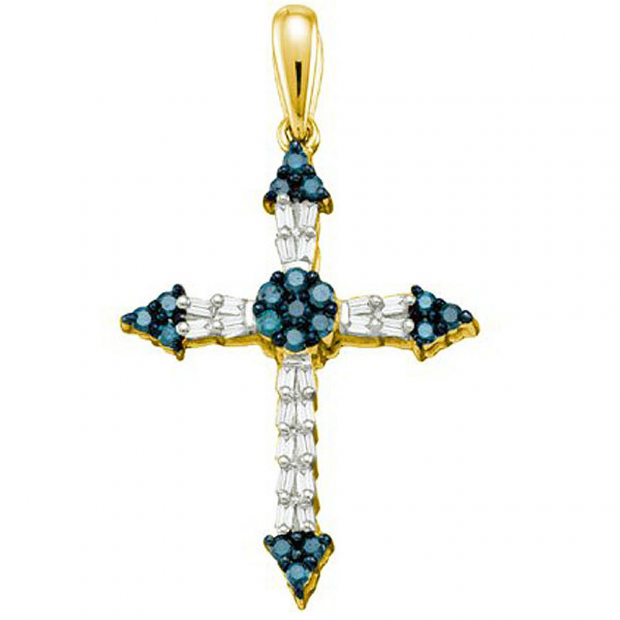 0.53 Carat (ctw) 14k Yellow Gold Blue Diamond Ladies Cross Pendant