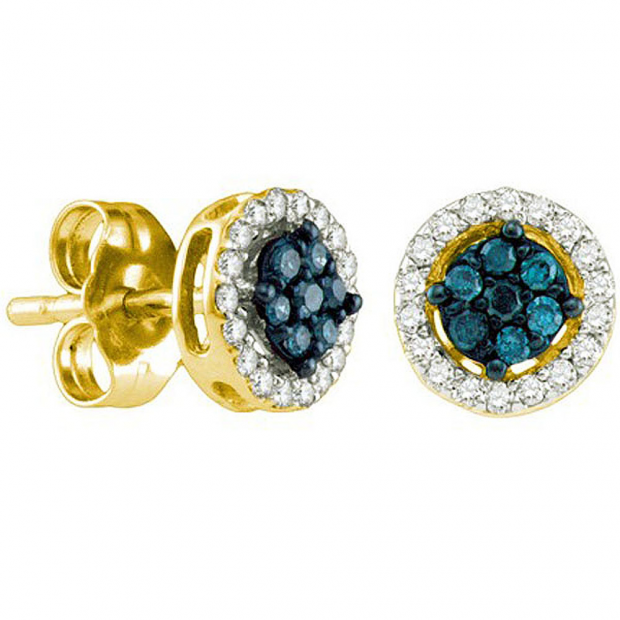 0.25 Carat (ctw) 14k Yellow Gold Blue & White Diamond Ladies Cluster Earrings