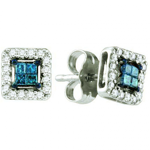 0.26 Carat (ctw) 14k White Gold Blue & White Diamond Ladies Invisible Set Stud Earrings