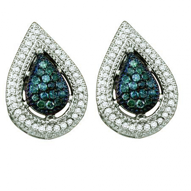 0.40 Carat (ctw) 14k White Gold Round Blue & White Diamond Ladies Milgrain Edged Fine Earrings