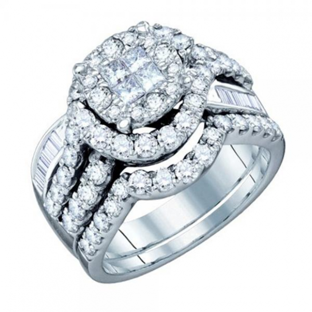 1.76 Carat (ctw) 14K White Gold Princess Baguette & Round Diamond Ladies Bridal Engagement Ring Set 1 3/4 CT