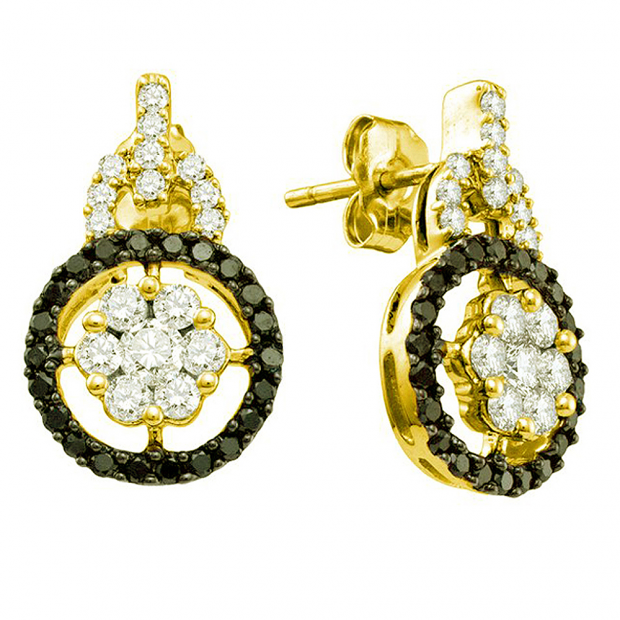 1.09 Carat (ctw) 14k Yellow Gold Round White & Black Diamond Ladies Fashion Drop Earrings