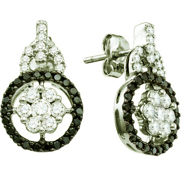 1.09 Carat (ctw) 14k White Gold Round White & Black Diamond Ladies Fashion Drop Earrings